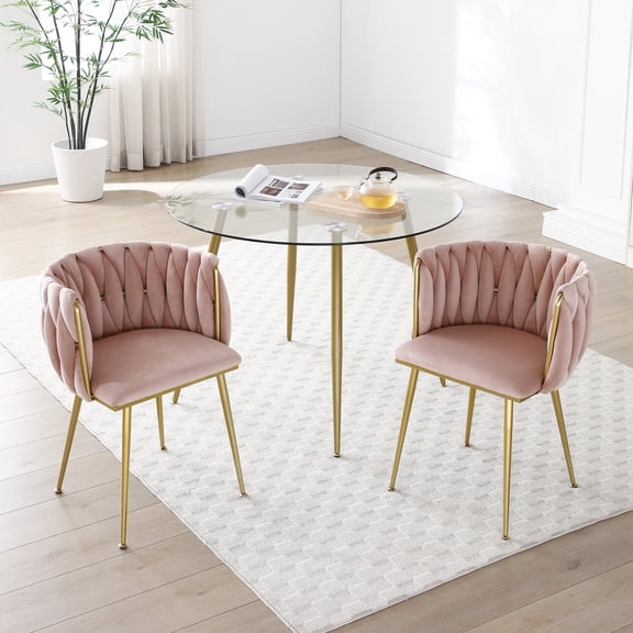FFZ Modern Velvet Dining Chair Set of 2 with Woven Backrest and Gold Metal Legs, Pink
