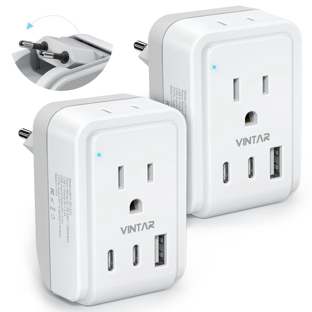 Adaptador de enchufe de viaje VINTAR, paquete de 2 con 2 tomas de corriente alterna y 3 puertos USB