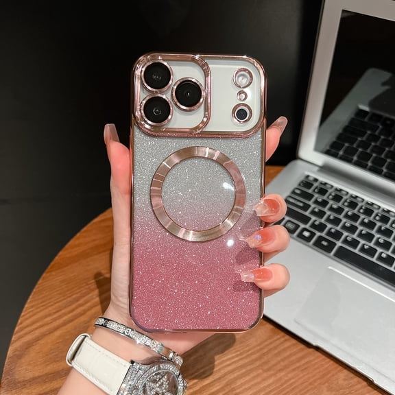 for iPhone 17 Pro Max Magnetic Glitter Case Compatible with Mag Safe,Camera Lens Protector Full Protection Elegant Plating Sparkle Anti-Scratch Dust-Proof Bling Cover for iPhone 17 Pro Max,Rosegold