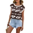 thumbnail image 3 of Women Cap Sleeve Crop Tops Color Block Going Out Crew Neck Knit Trendy Casual Sweater Brown S, 3 of 5