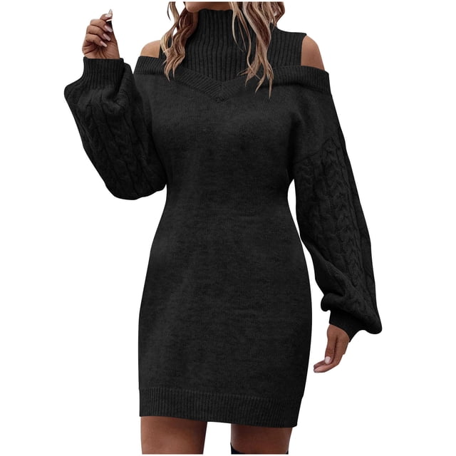 mfyjkho Vestidos de tallas grandes, Vestido holgado tipo jersey con cuello semialto, hombros descubiertos, mangas largas y cuello redondo hasta la rodilla para mujer s