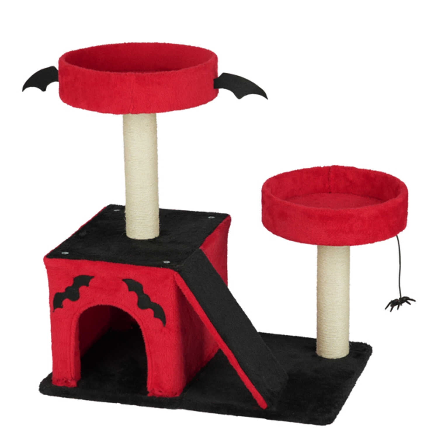 Gothic Style Cat Tree Tower - Halloween Bat Wing Cat Condo with Sisal Scratching Posts, 2 Padded Perches, Interactive Spider Toy for Indoor Cats