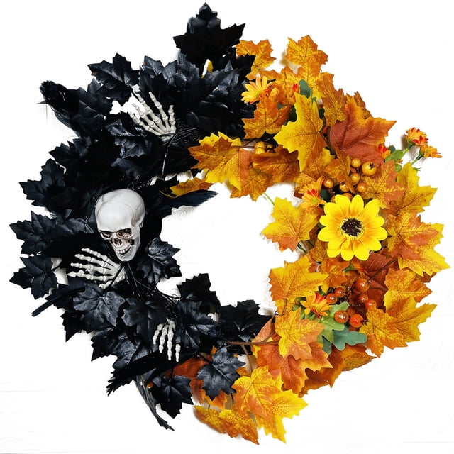 WLOELOEW Halloween Skeleton Maple Leaf Wreath With Led Lights 18 Inches Plastic Material For Door Decor Battery Powered Halloween Wreath