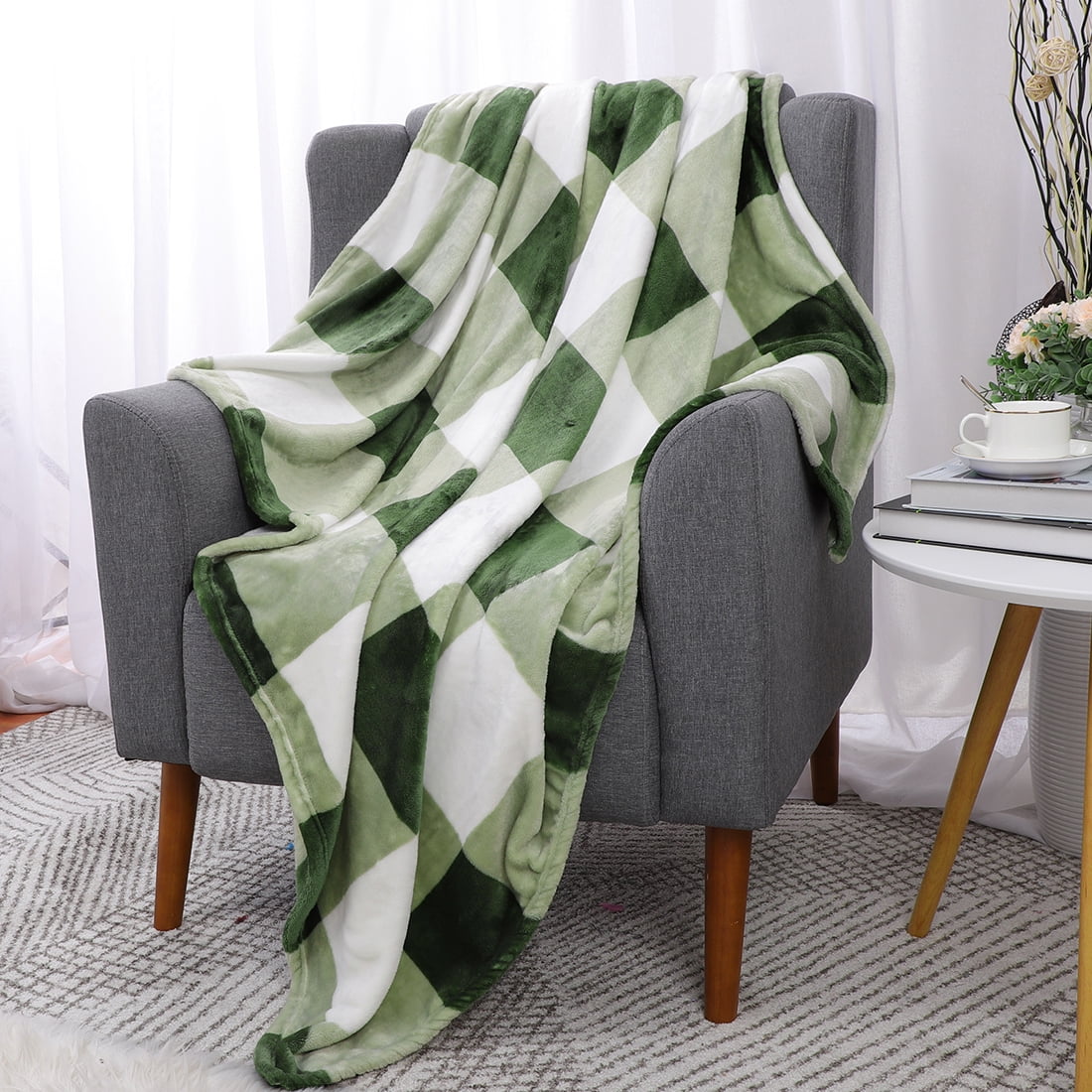 Unique Bargains Plush Buffalo Reversible Plaid Flannel Fleece Blanket, Throw, Green White