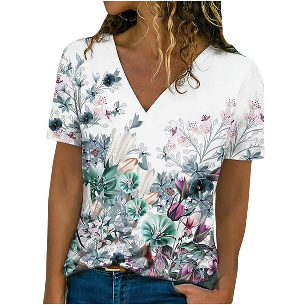 Camiseta de manga corta suelta con cuello en V y estampado informal a la moda para mujer Pompotops hkajfhjk464359