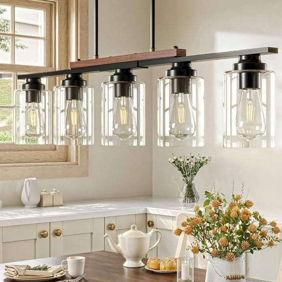 Dining Room Light Fixture Over Table, 5-Light Kitchen Island Lighting with Glass Shade and Adjustable Rods, Farmhouse Linear Chandelier Pendant Light for Kitchen Living Room, Matte Black