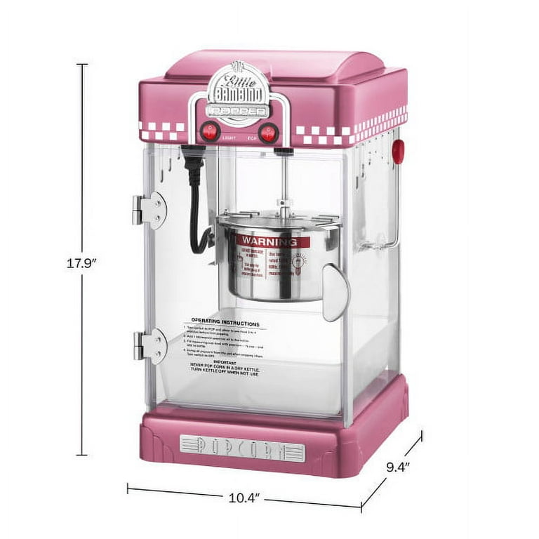 Great Northern 2.5 oz. Kettle Pink Little Bambino Countertop Popcorn Machine with Measuring Spoon, Scoop, and 25-Serving Bags