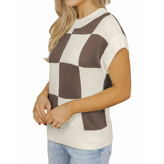 Short Sleeve Sweater for Women Crewneck Color Block Knit Tops Fall Trendy Cap Sleeve Sweater Vest Khaki M