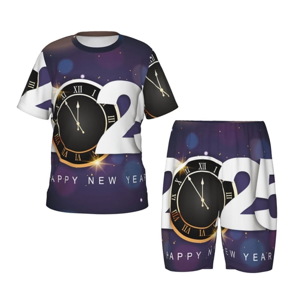 Fotbe 2025 Happy New Year 4 Pijama Estampada de 2 Piezas para Niños – Ropa de Dormir de Manga Corta Cómoda para Niños y Niñas, Camiseta y Shorts de Algodón-XX-Large