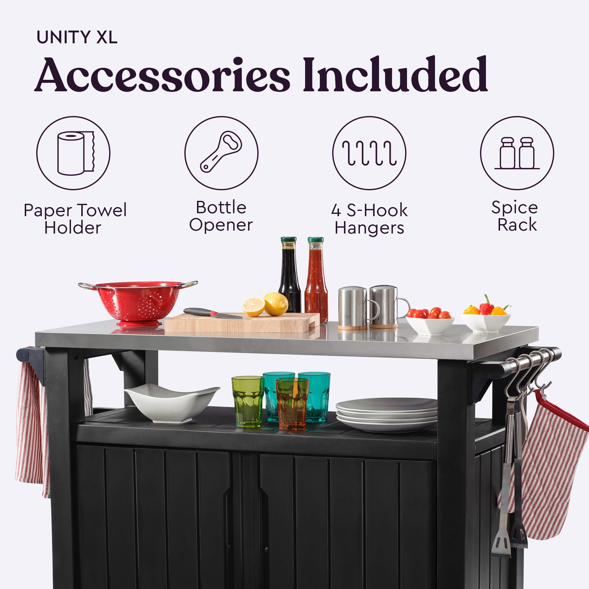 Keter Unity XL Outdoor Durable Kitchen Rolling Bar Cart with Storage Cabinet, Graphite