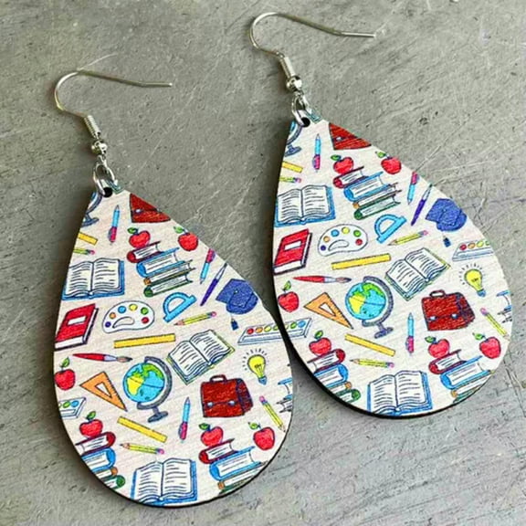 Wood Teardrop Pencil Books Teacher Life Back to School Wooden Earrings