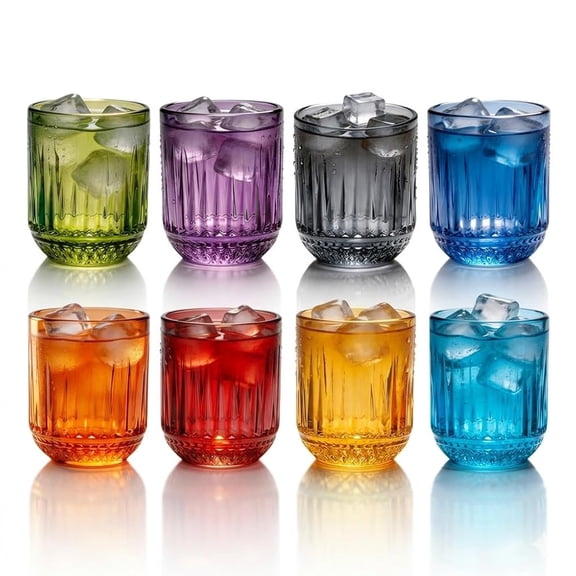 Vintage Ribbed Glass Tumblers Set of 8, Colored Lowball Drinking Glasses, Assorted Colors