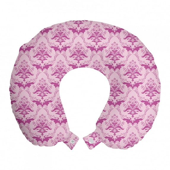 Damask Travel Pillow Neck Rest, Monochrome Modernized Victorian Inspired Floral Ornamented Print, Memory Foam Traveling Accessory Airplane and Car, 12", Pale Fuchsia Pale Mauve, by Ambesonne