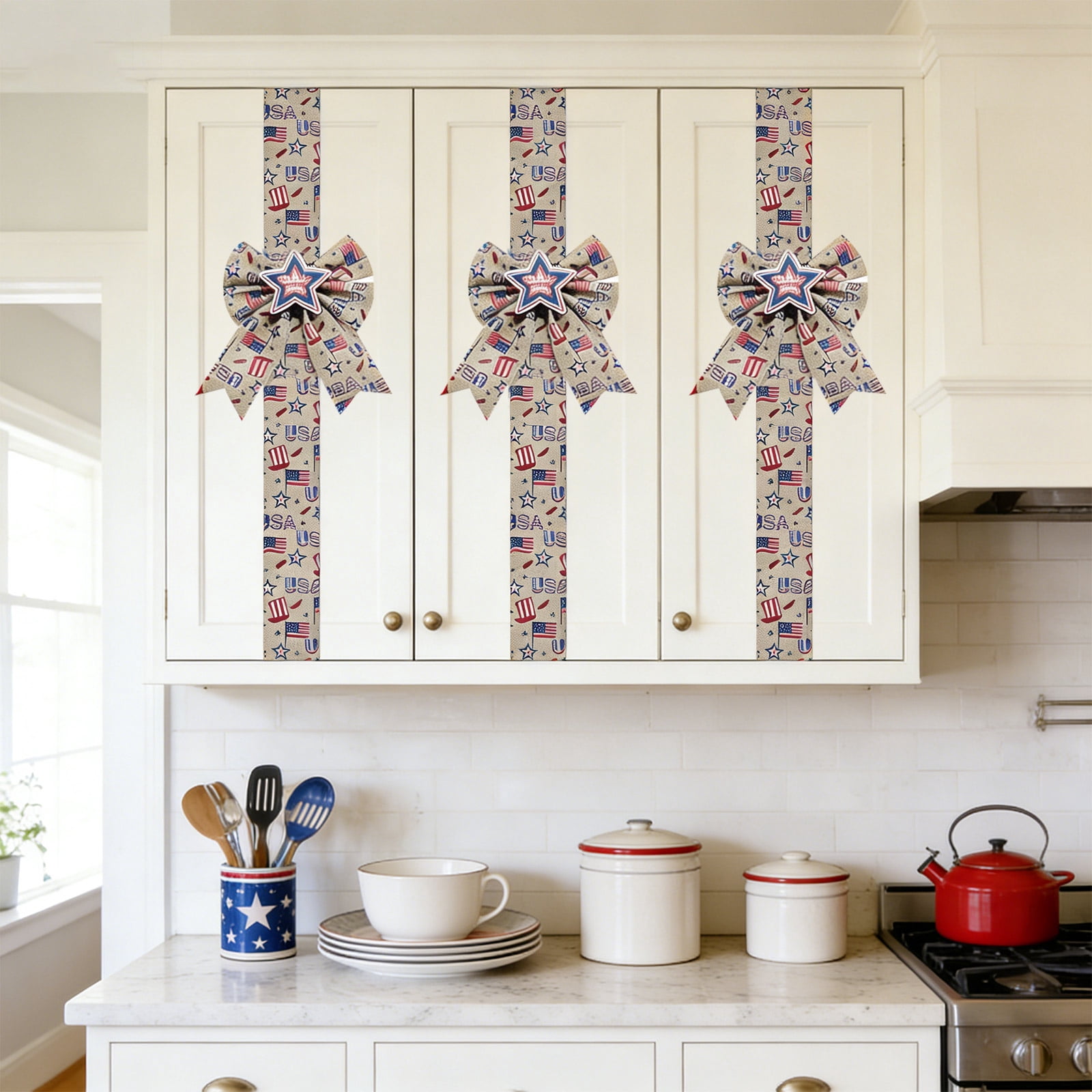 4th of July Burlap Patriotic Cabinet Ribbon – with Bows and Stars Red White Blue Rustic Hanging Decor for Kitchen, Supplies for Independence Day, 250th Anniversary