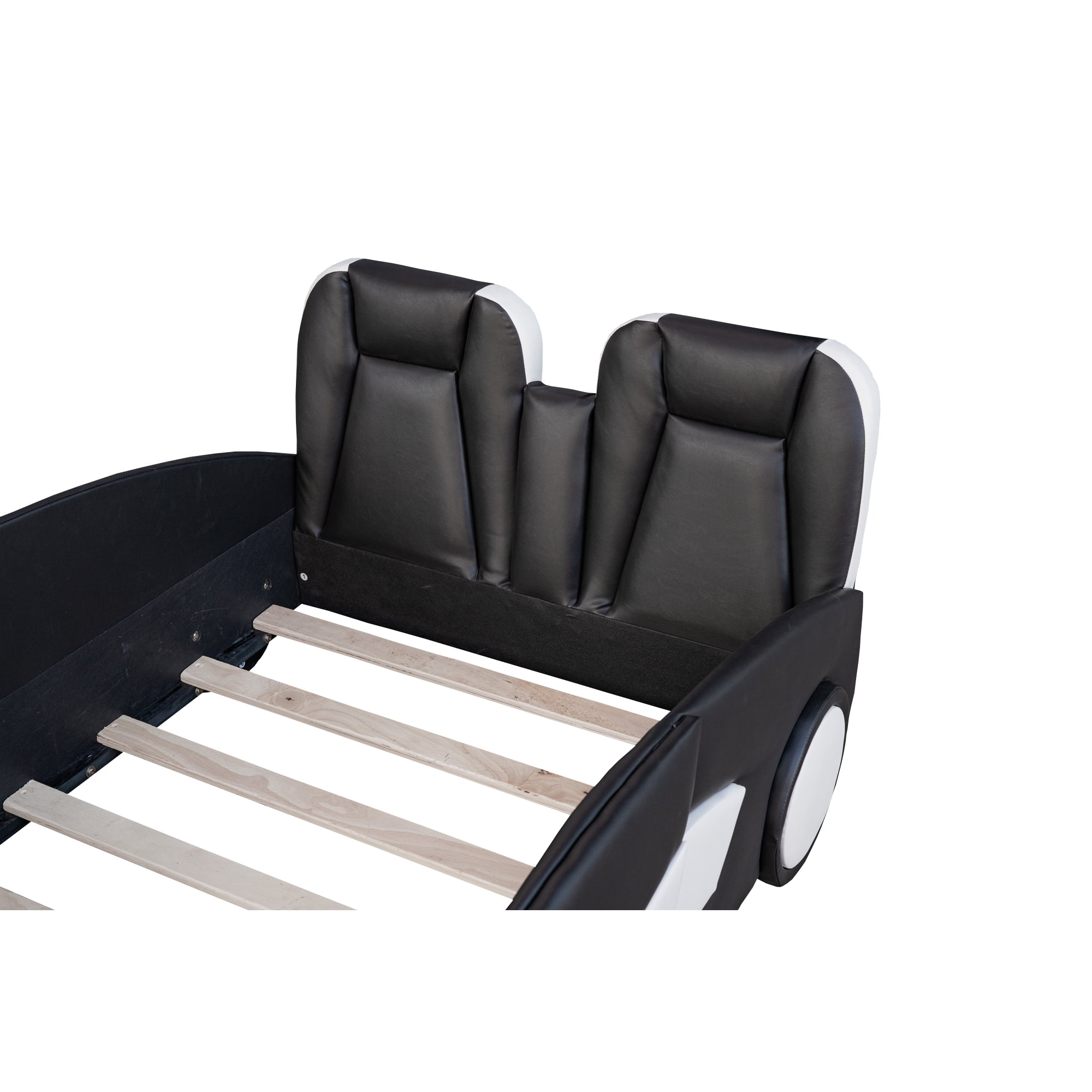 Euroco Modern Wood Race Car-Shaped Twin Platform Bed for Kids Teens Bedroom, Upholstery PU Leather Car Bed for Kids Gift, Black