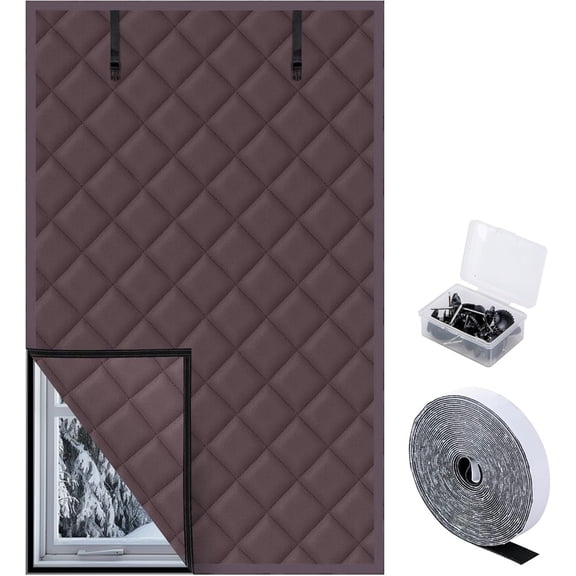 Ebaokuup 3 Layer 63 x 47 Inch Visible Winter Insulated Window Cover,Oxford Thermal Insulated Window Blanket with Fastener,Brownish Red Window Insulation Kit for Winterizing Keeping Home Warm