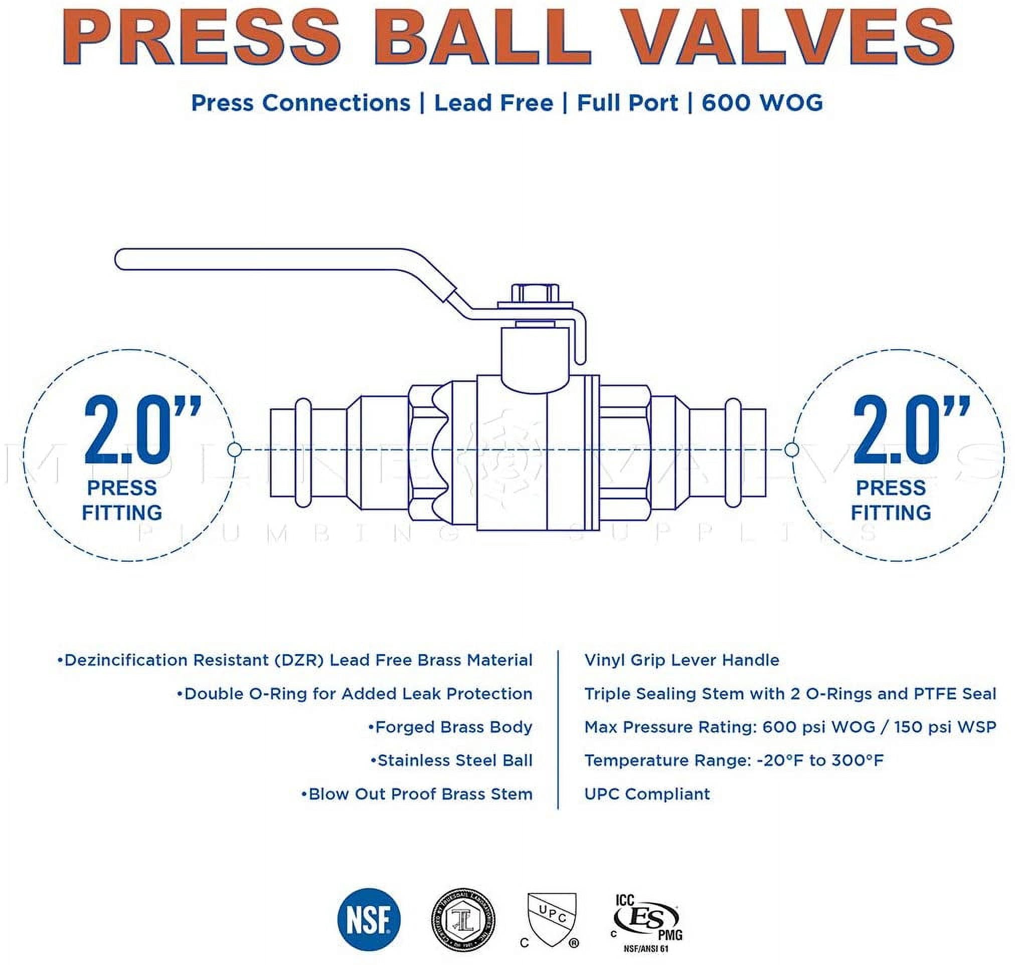 Midline Valve 532002VLV-5 Double-O-Ring Press Ball Valve, with 2 in. Press Connections, Brass (Pack of 5)