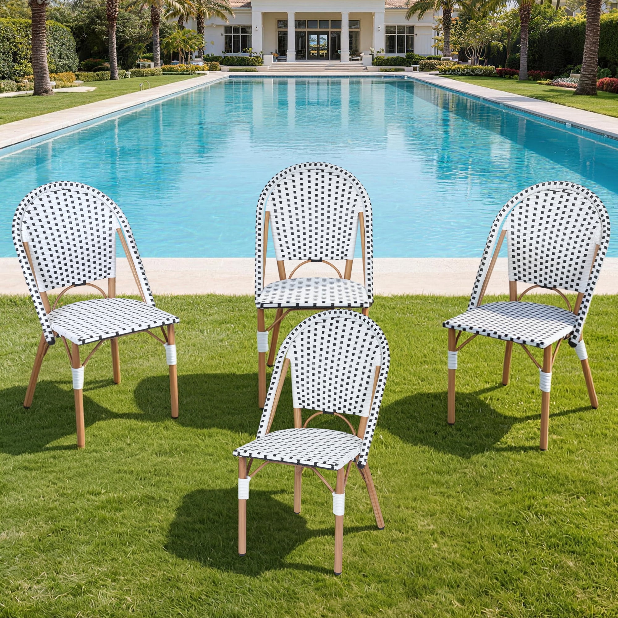 DELMANGO 4-Piece Wicker Outdoor French Bistro Chairs, Armless Patio Chairs, Stackable Outdoor Dining Chairs with Metal Frame, White/Black