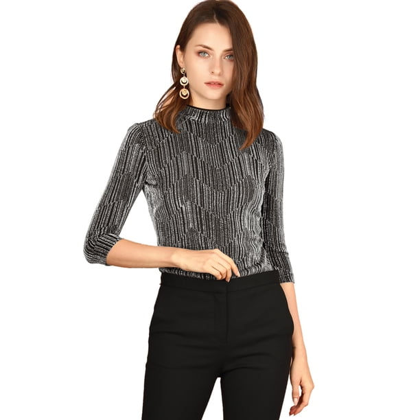 Blusa Top Metálico de rayas brillantes Allegra K Negro Plata XS