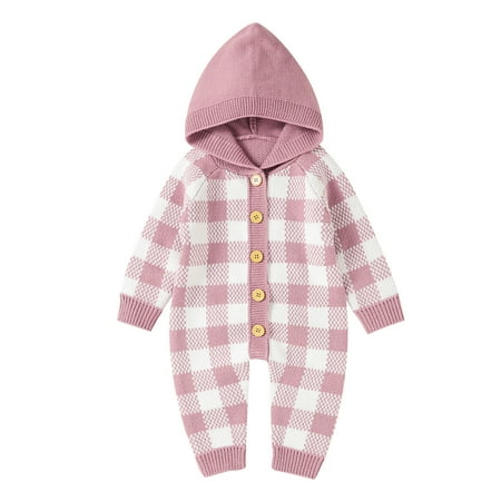 

LBECLEY Toddler Boys Jacket Unisex Baby Girl Boy Knitted Romper Jumpsuit Plaid Button Hooded Sweater Playsuit Clothes Sweaters Boys Pink 74