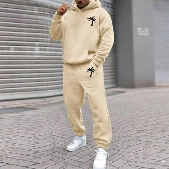 SNOWSONG Mens Sweatsuit, Men's Autumn and Winter Casual Coconut Tree Print Long Sleeve Hoodie Pant Suit, Big and Tall Track Suits, Tracksuits for Men Set, Winter Sweatsuits Khaki XL