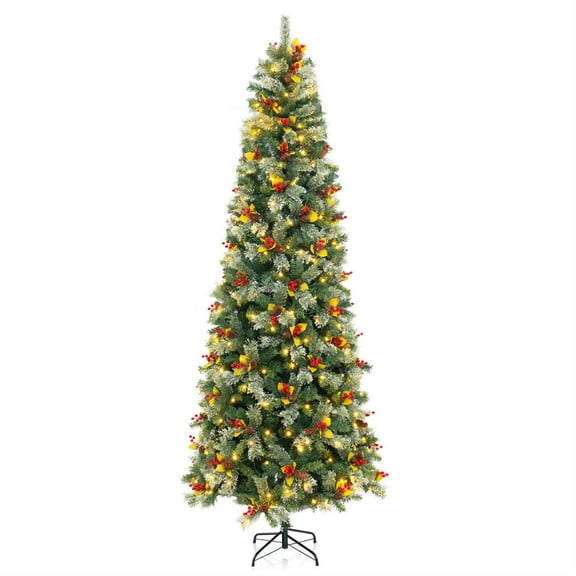 Demi Bonn 9 FT Green Pre-Lit Artificial Christmas Tree - 1416 PVC/Pine Needles, 8 Lighting Modes, Red Berries & Pine Cones