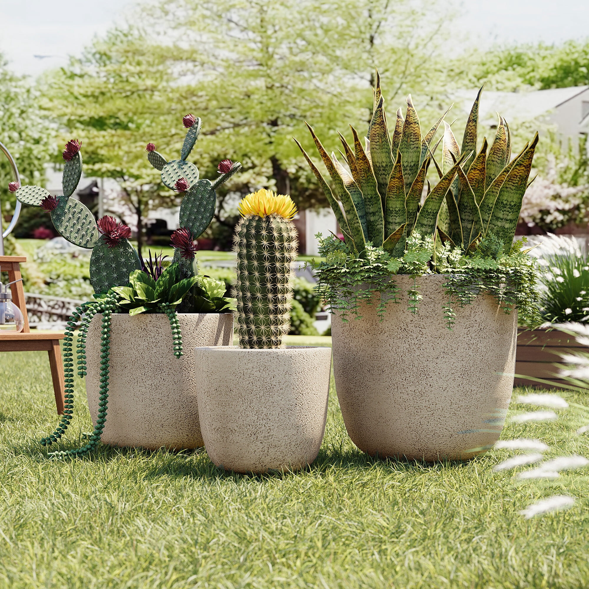 Euroco Lightweight Flower Pot Set of 3, 16.93"+13.98"+11.22" Dia Round Concrete Stackable Planter with Drainage Holes and Rubber Plug,Modern Decorative Pots for Indoor Outdoor,Patio Garden Balcony