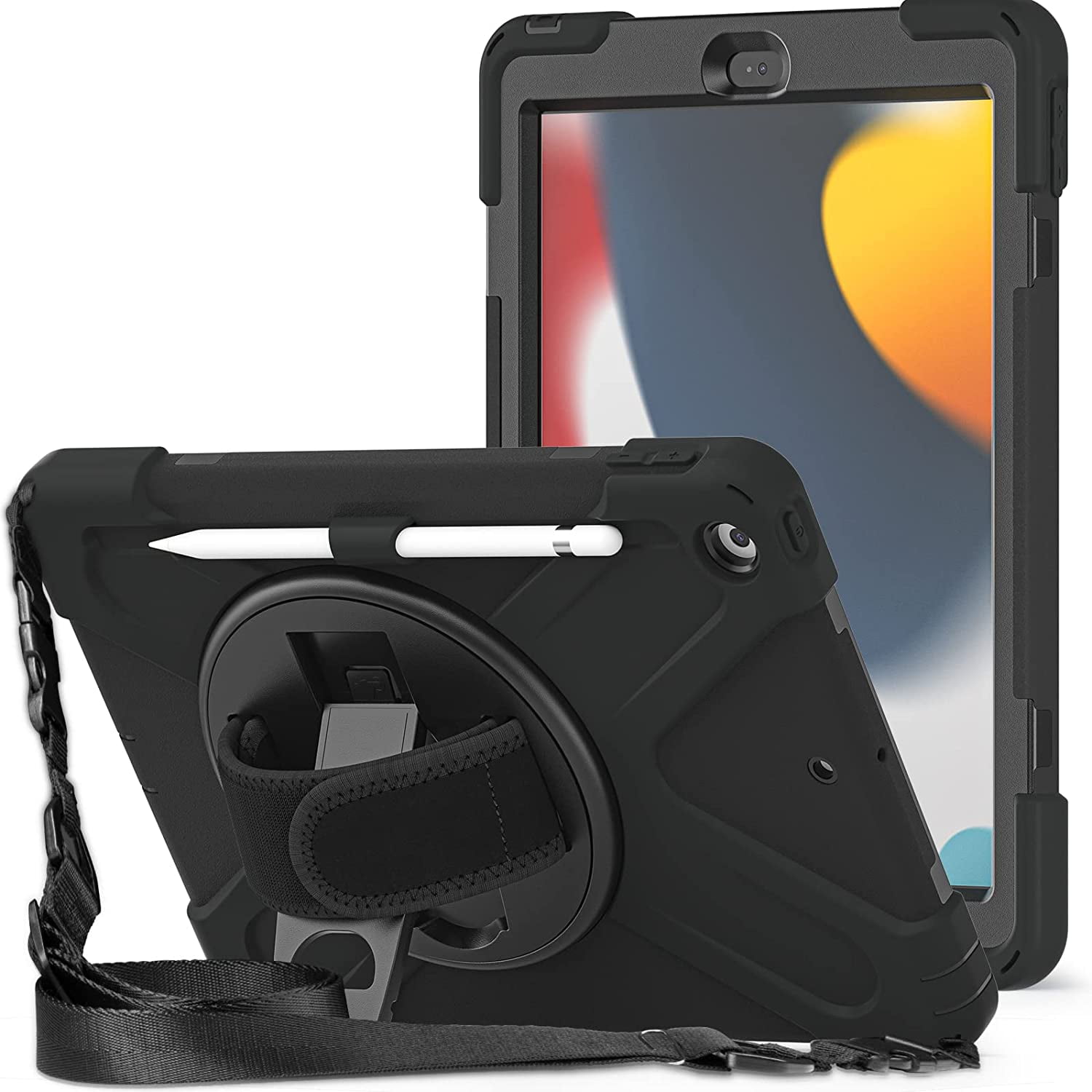 KIQ Shield iPad 9th Generation Case 10.2 2021, Heavy Duty Kids Case 360 Hand Strap Kickstand for Apple iPad Case 7th Gen 8th Gen 2019 2020 - Black