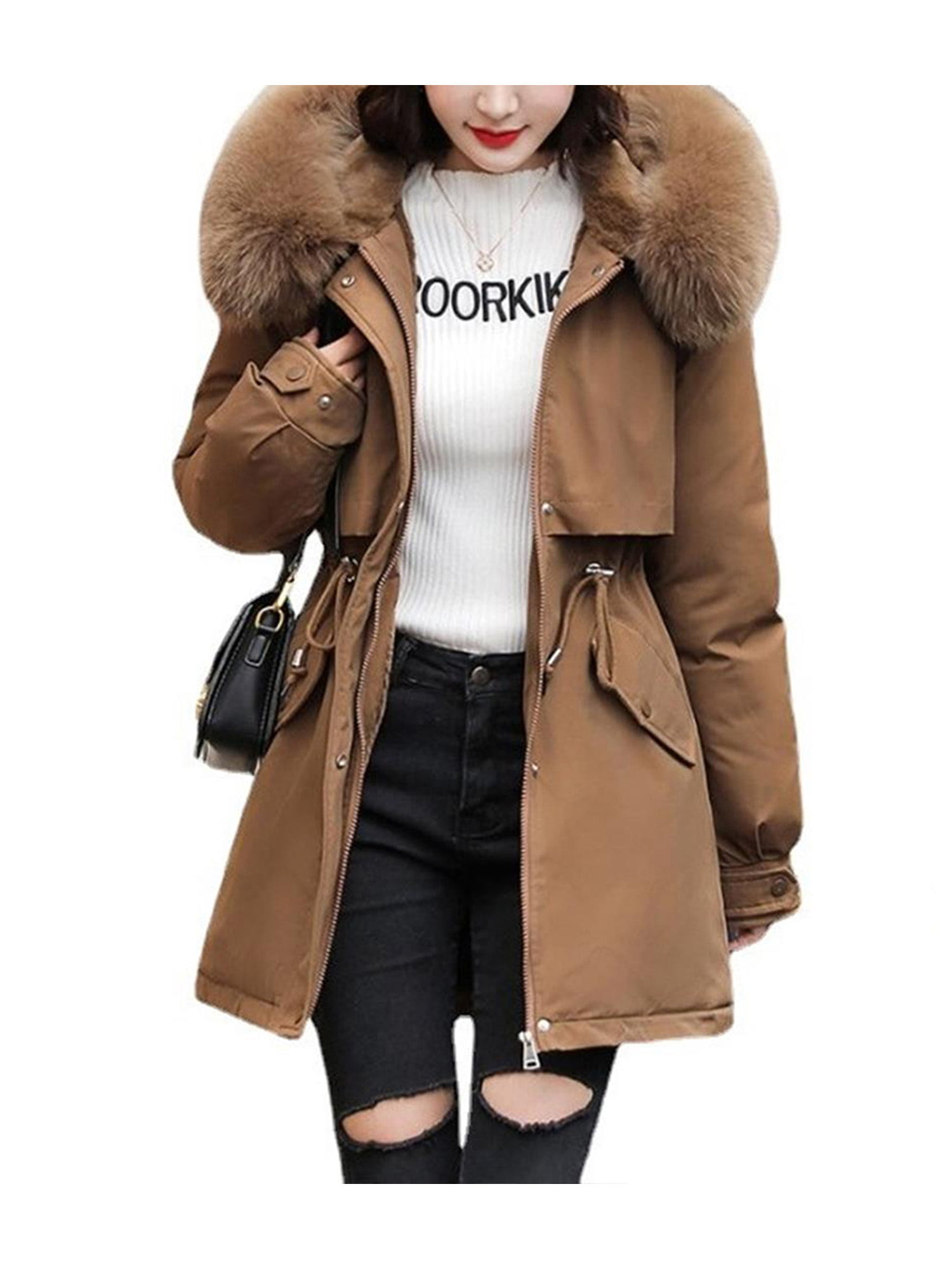 Jacket Leather Ladies Women Winter Warm Trench Parka Hooded Fur Faux Coats Tops