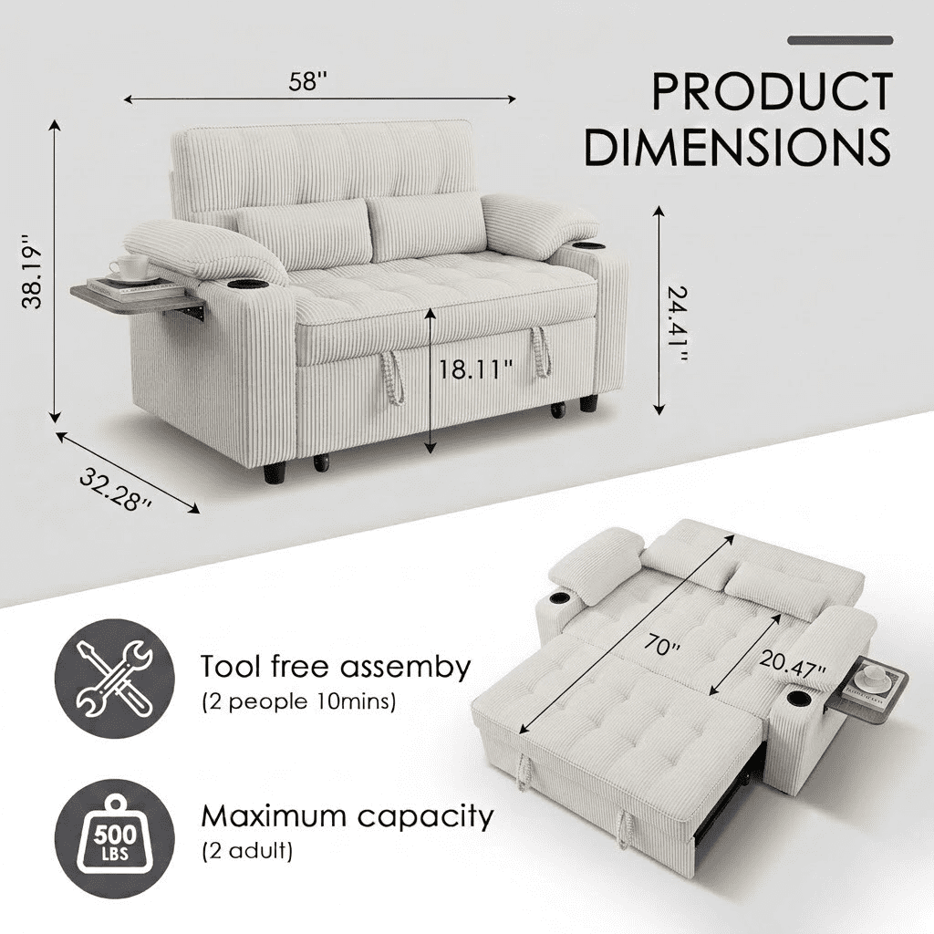 Howcool 58" Sleeper Sofa Bed, Convertible Pull Out Couch Bed Corduroy Loveseat with Adjustable Backrest, USB Charging Ports, Cup Holders & Foldable Side Table for Living Room Apartment,Beige