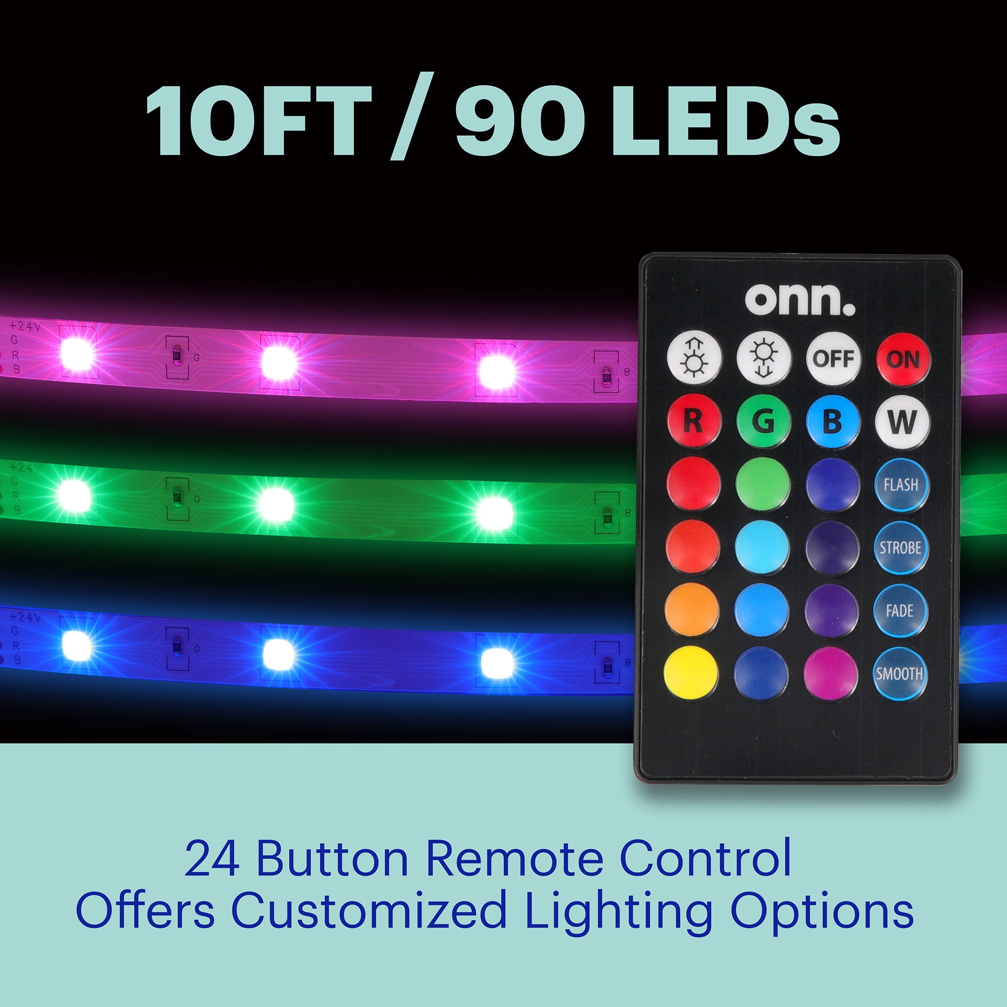 onn. Multicolor LED Light Strip 50ft, Indoor Television Accent Light, Remote Control