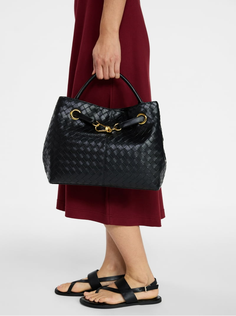 Time and Tru Women's Hazel Satchel Bag Handbag Black Basket Woven