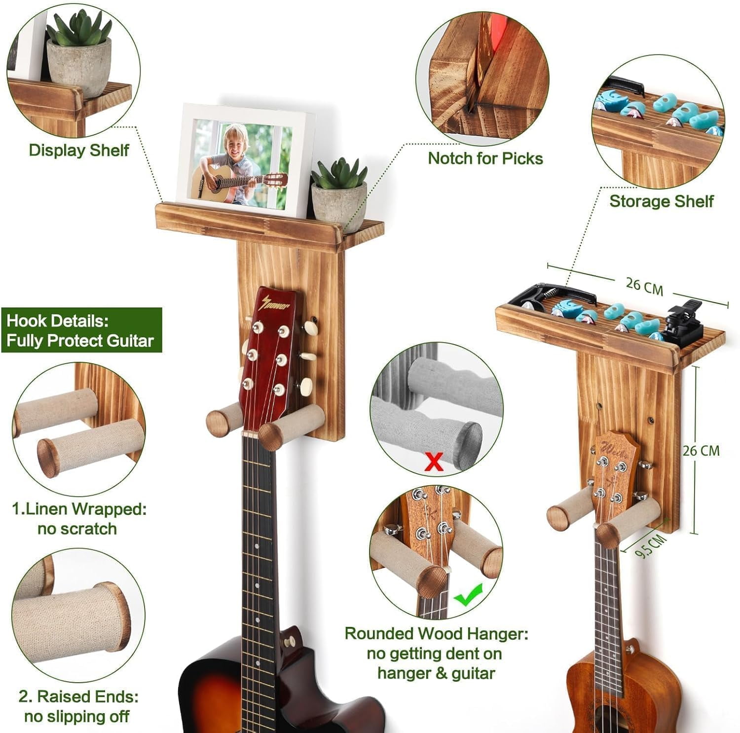 SONGAUN Guitar Wall Mount with Shelf,2Pack Wooden Guitar Holder Hanger Hook Multifunctional Rack Bracket Stand Easy Install for Electric Guitar Bass Acoustic Ukulele Violin Mandolin