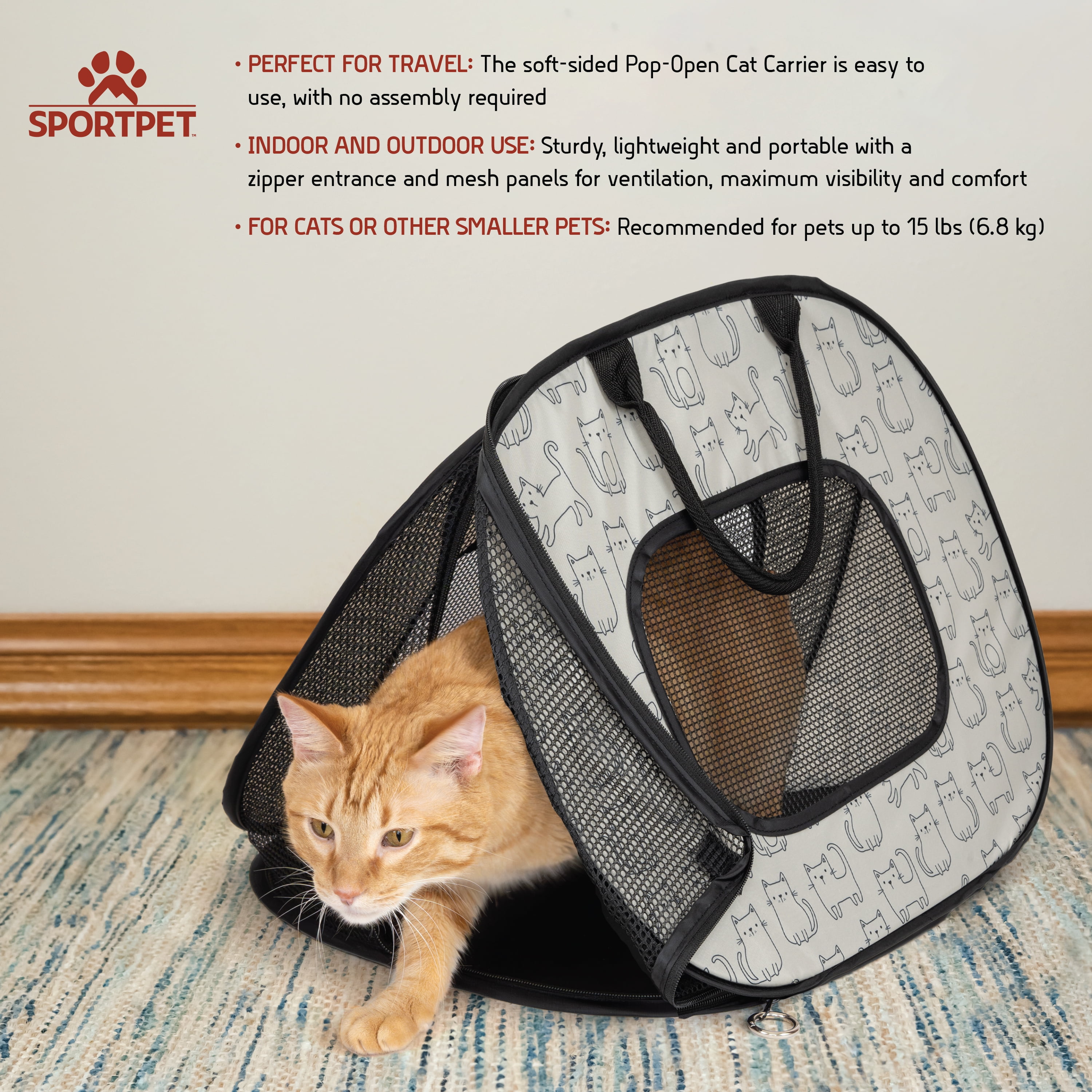 Sport Pet Cat Print Mesh Panel Pop Open Cat Carrier