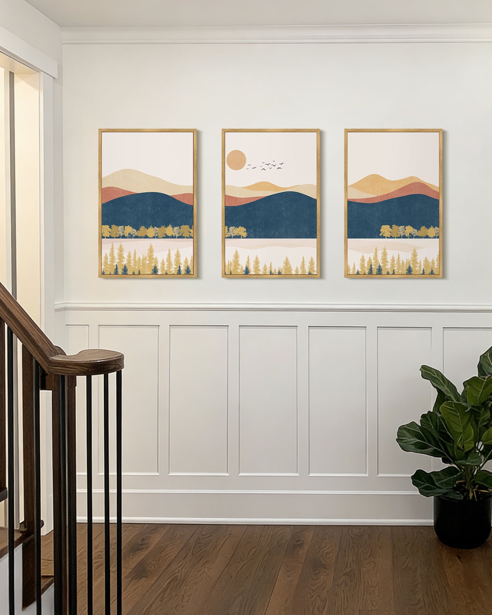 SHENIFY Large 24x36in3pcs Natural Framed Bohemain Mountain Landscape Wall Art Watercolor Nature Artwork Painting Boho Farmhouse Rustic Home Decor