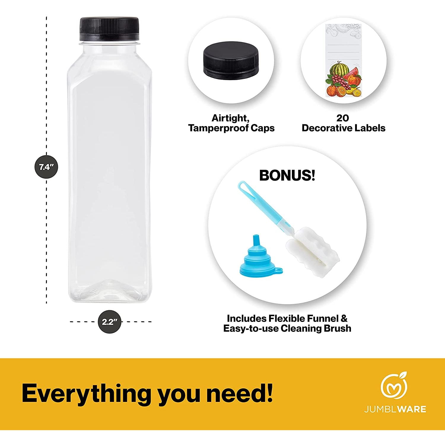 JumblWare Refillable Plastic Juice Bottles with Caps 16 fl oz, Pack of 20