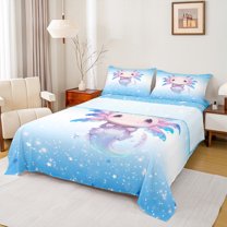 Manfei 3D Kawaii Axolotl Bed Sheets for Kids, Dreamy Blue Stars Print King Sheets, Dreamy Animal Sheet Set, Microfiber Bedroom Decor, 4pcs