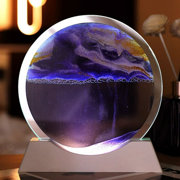 Moving Sand Art Picture W/Decor Lamp Sand Art Liquid Motion-Round Glass Sea Sandscape Display Flowing Sand Frame W/Light Relaxing 50ml