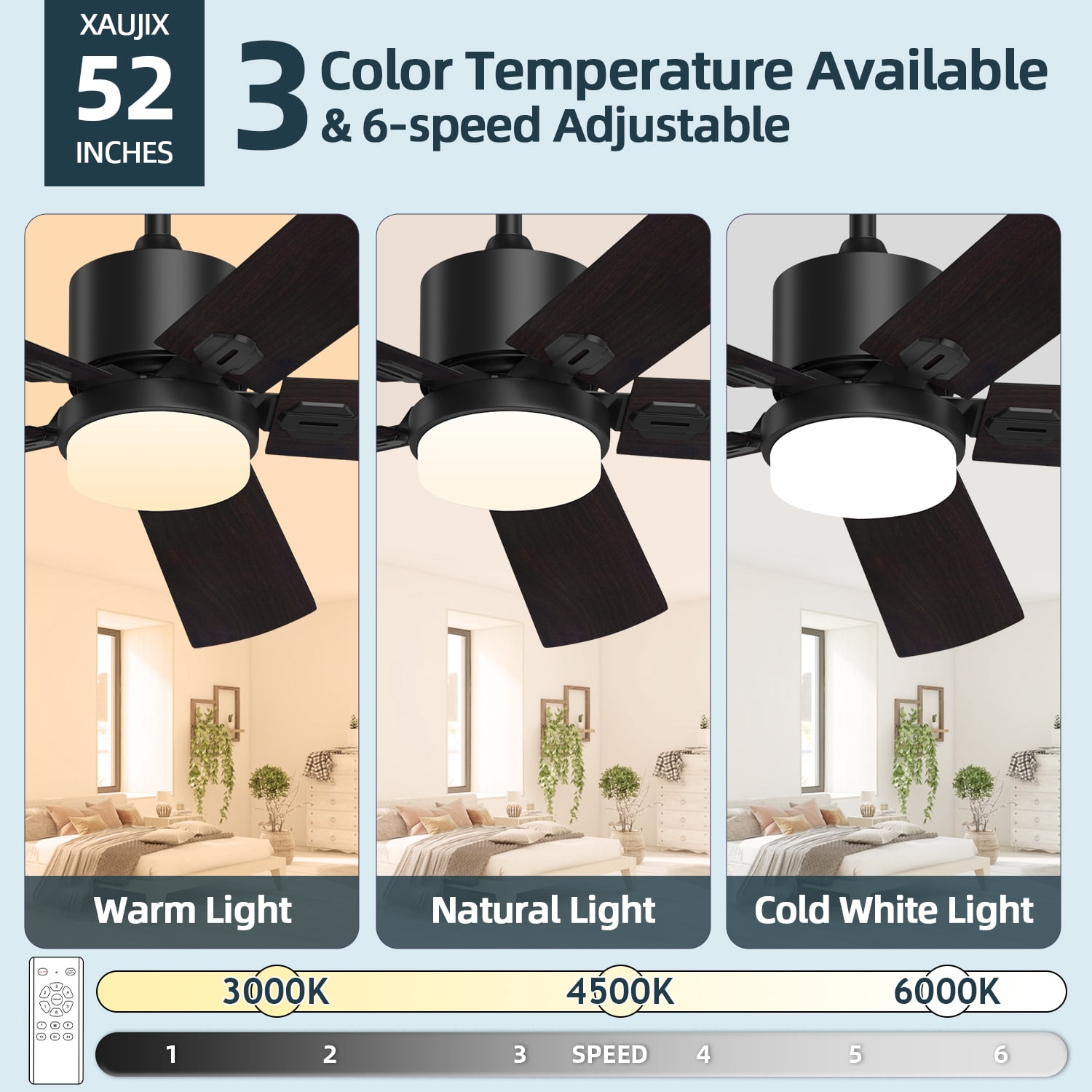 Xaujix 52'' Dimmable LED Black Ceiling Fan with Lights and Remote Control and Timing Function