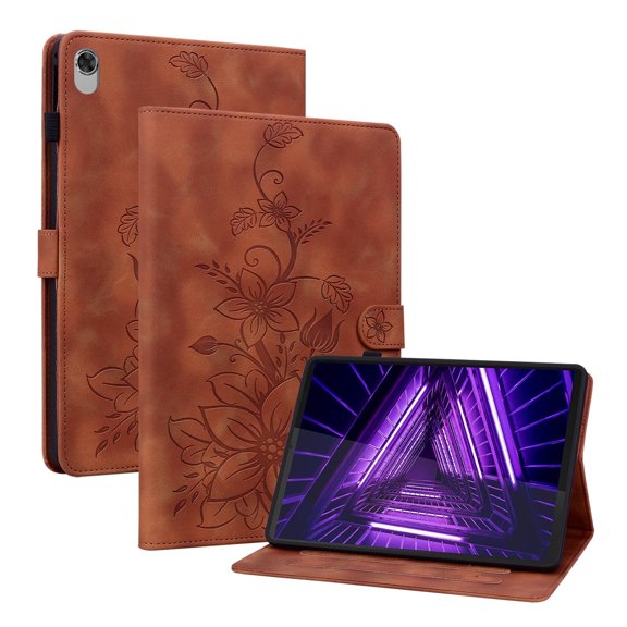 XYX for Lenovo Tab K10 10.3 Inch 2021 TB-X6C6F TB-X6C6X Case, PU Leather Slim Folio with Multi-Angle Stand, Brown Lily Flower