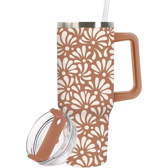 Tumbler with Handle Stainless Steel Cup 40oz Platos De Barro Terracotta Flower Tumbler with Lid Straw for Mexican Fiesta Cinco de Mayo Decor