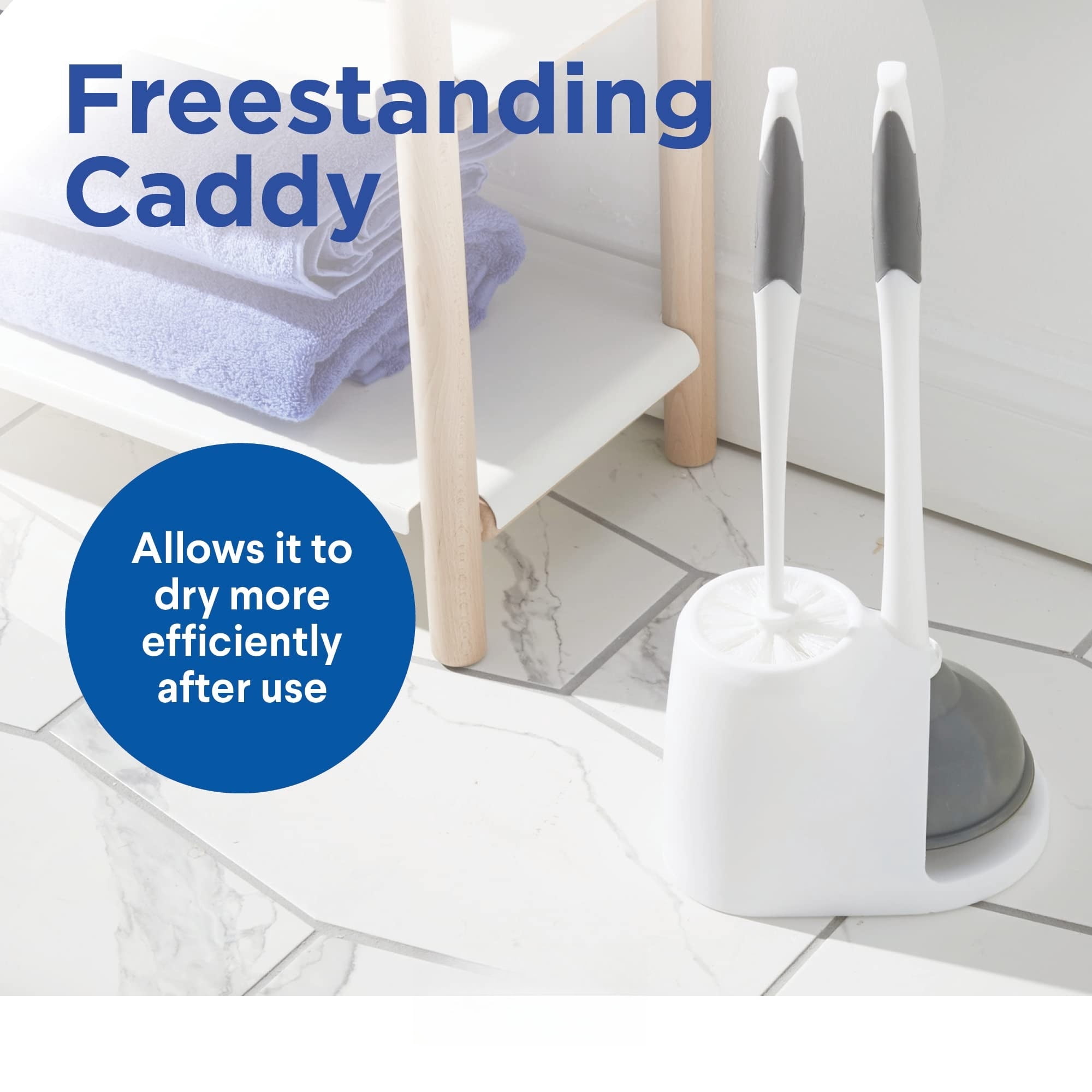 Toilet Plunger and Bowl Brush Combo with Caddy, 6.75 x 7 x 19.5 in, White/Gray