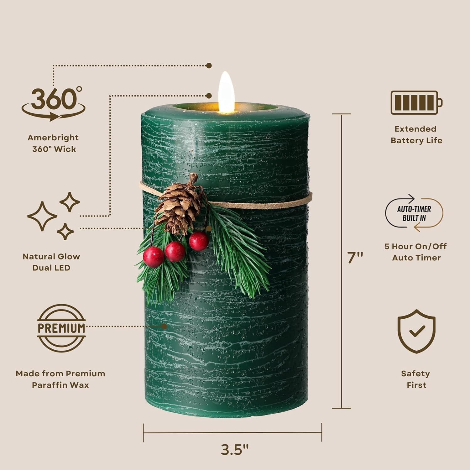 LumiPur Signature Christmas Collection LED Flameless Pillar Candle, Evergreen, 3.5" x 7"