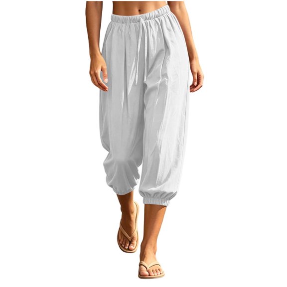 Hurxie Womens Baggy Pleated Harem Pants Summer Elastic High Waisted Wide Leg Balloon Cotton Lounge Crop Pants White,S