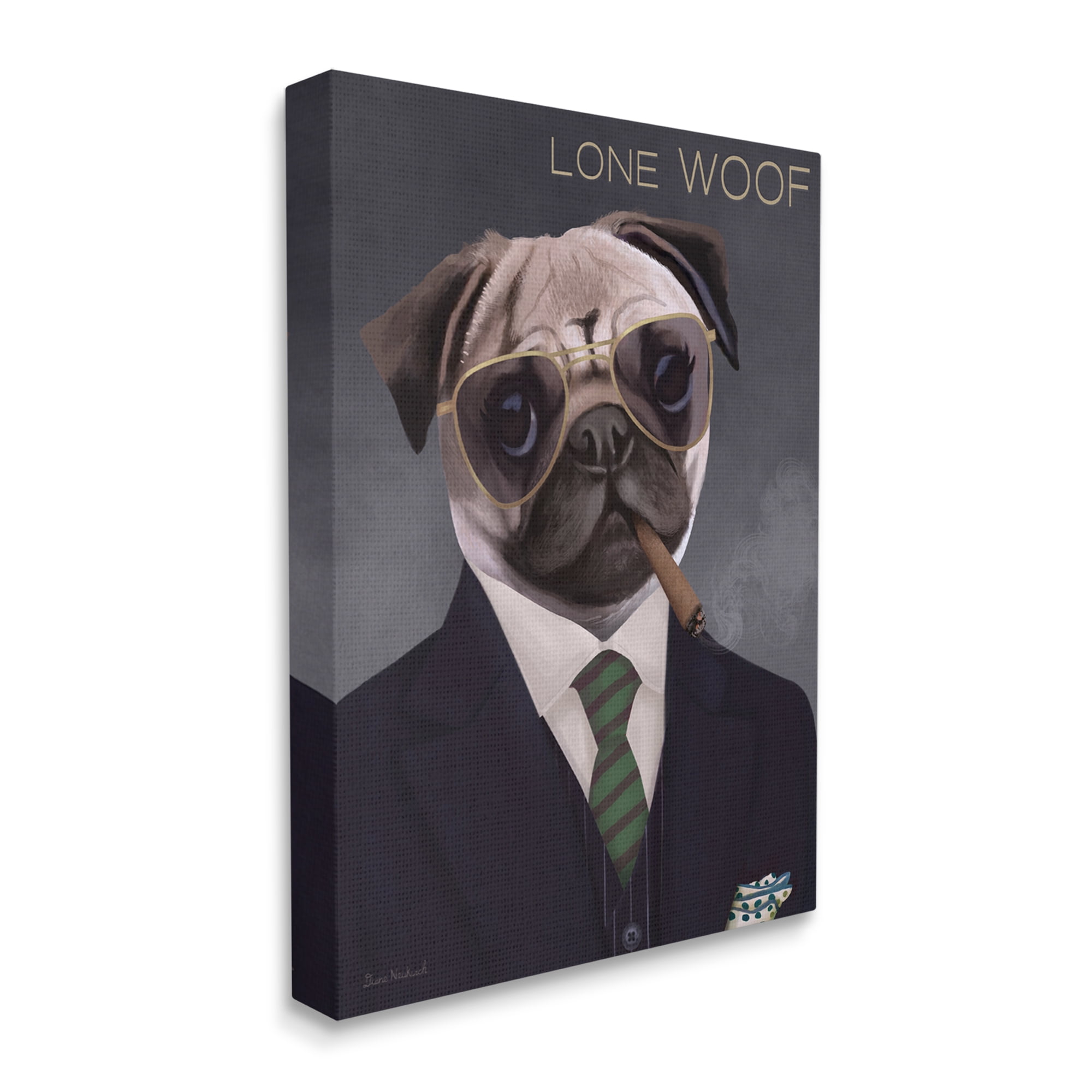 Stupell Industries Lone Woof Pug Dog Smoking Cigar Necktie Graphic Art Gallery Wrapped Canvas Print Wall Art, Design by Diane Neukirch