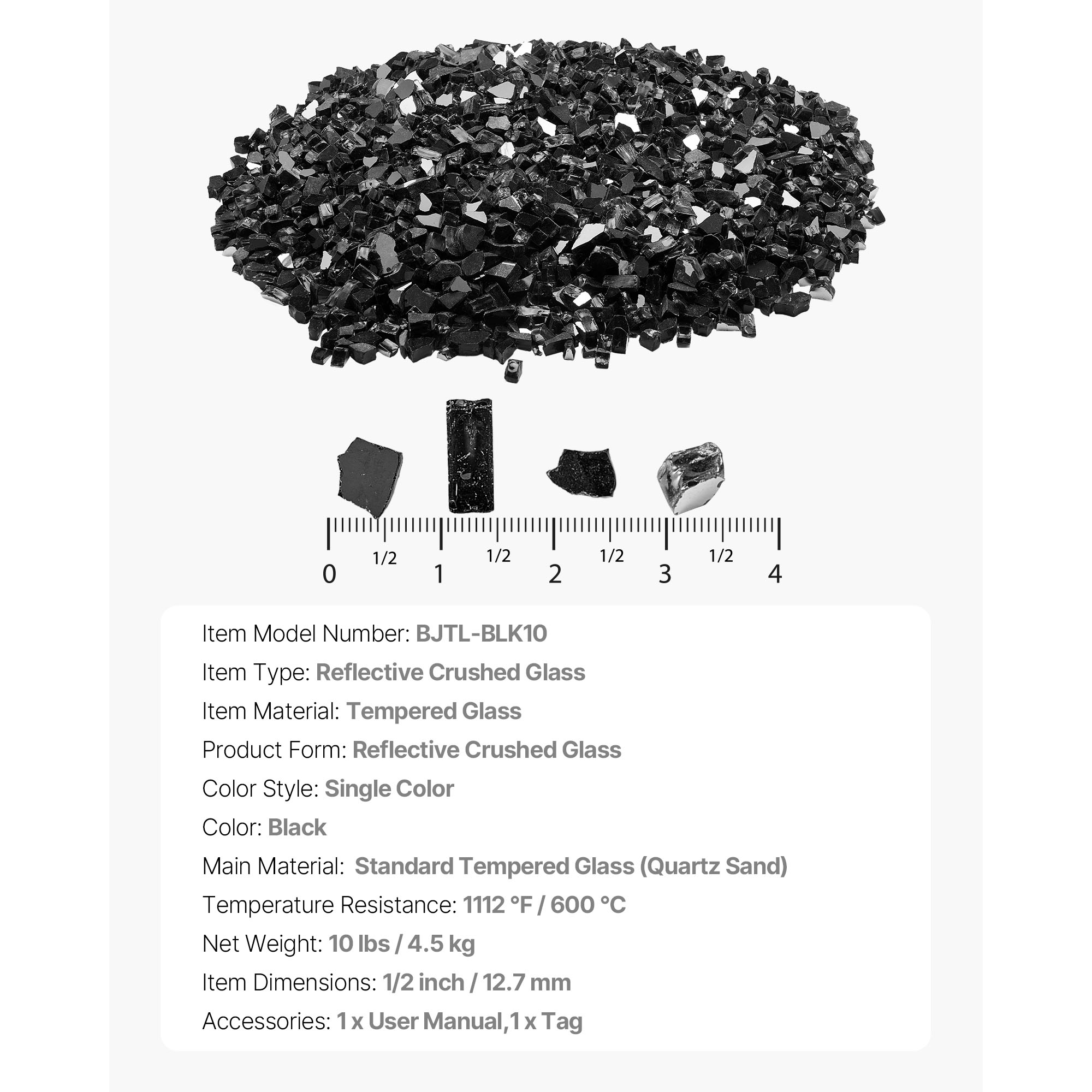 KFFKFF 10 LBS / 4.5 KG High-Temperature Resistant Fireplace Glass, 1/2-Inch Reflective & Smokeless Firepit Stones, Durable Landscaping Glass for Fire Pit Table, Black
