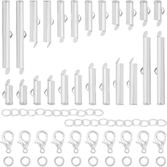 1 Box 540Pcs Bracelet Slider Clasps Slider Tubes End Caps with Jump Ring Lobster Clasp Chain Extender Brass Silver Jewelry Findings Kit for Beading Necklace Bracelet DIY Craft Silver DIY