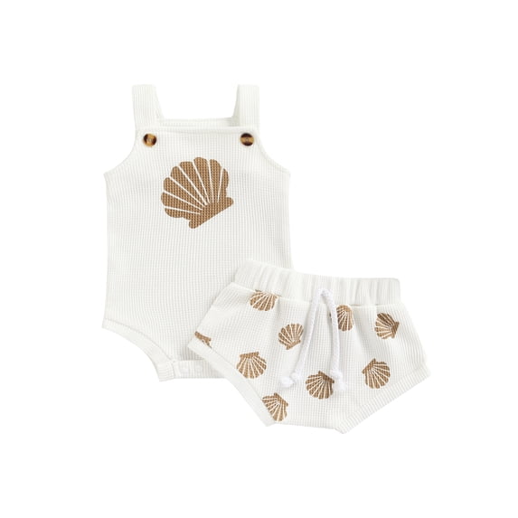 Toddler Baby Boy Girl Summer Clothes Sets Shell Print Strap Button Plaid Knitted Bodysuits+Shorts Tracksuits