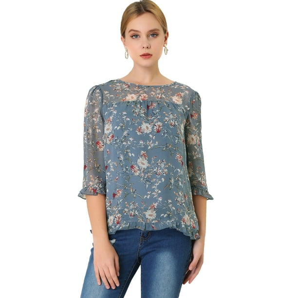 BluElegante Casual De GaCon Estampado Floral De Man3/4 Con Volantes PaMujer Gris Azul XXL