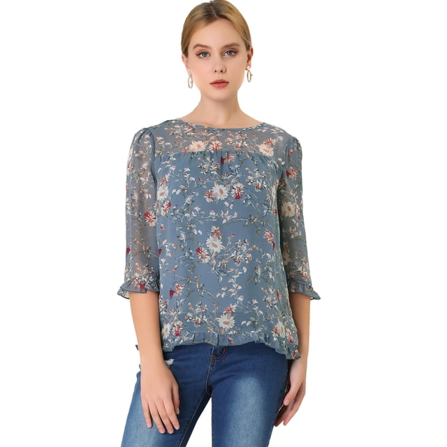 BluCasual De GaCon Estampado Floral De Man3/4 Con Volantes PaMujer Gris azul XL